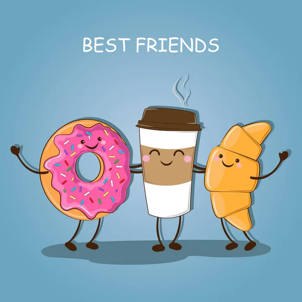 Ontbijt. Ochtend ontbijt. Beste vrienden. Leuke foto van een donut, een kopje koffie en een croissant. Vectorillustratie. — Stockvector