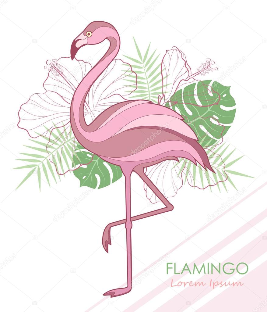 Silhouette of flamingos. Vector illustration. Flamingos and tropical plants.