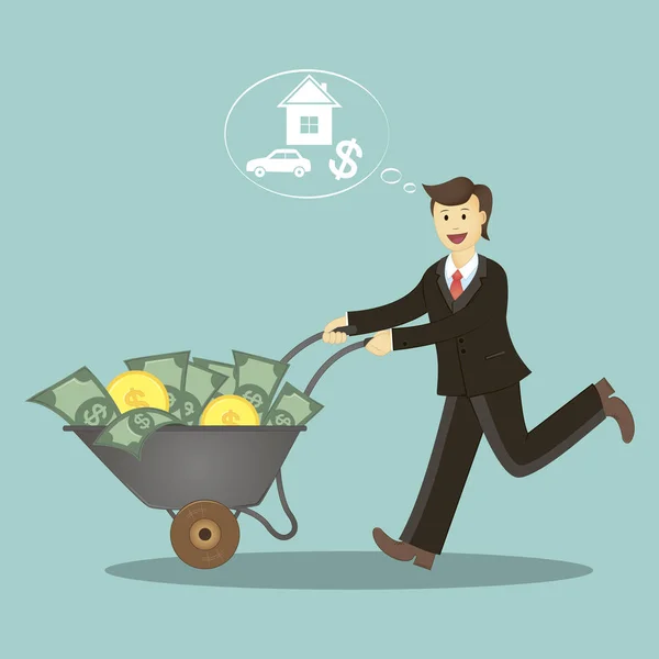Young successful businessman. Happy young successful businessman wheels trolley with money.Vector. Business concept cartoon illustration — Stock Vector