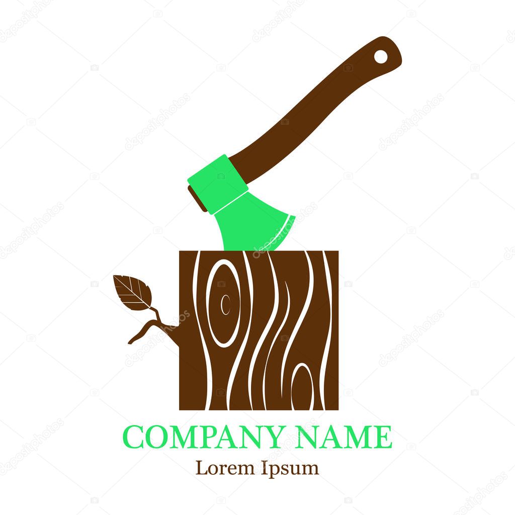 Vector illustration with an image of an ax with a stump. Stump with an ax, isolated on a white background. Wooden woodworking axle or woodcutter logo or badge. Logo.  flat .icon.