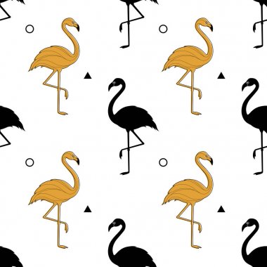 Beyaz zemin üzerinde altın bir flamingo silueti ile Seamless modeli. Vektör. Basit bir desen. 