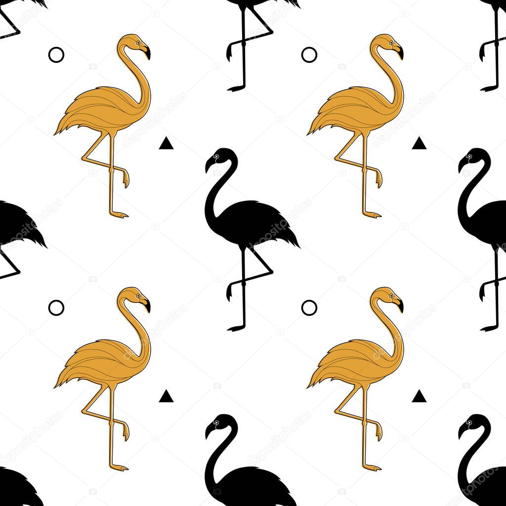Seamless pattern with a silhouette of a golden flamingo on a white background. Vector. A simple pattern. 