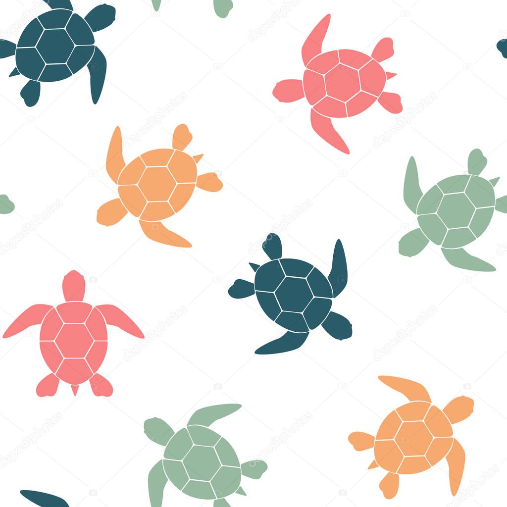 Simple seamless background with a silhouette of a turtle on a white background. Vector.