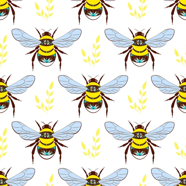 Płynne Tło Pszczołami Tło Wektora Pszczołami Białym Tle Gałązką — Wektor stockowy