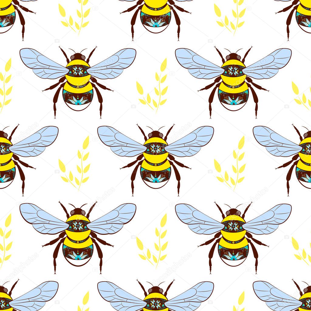 Seamless background with bees. vector background with bees on a white background and a twig
