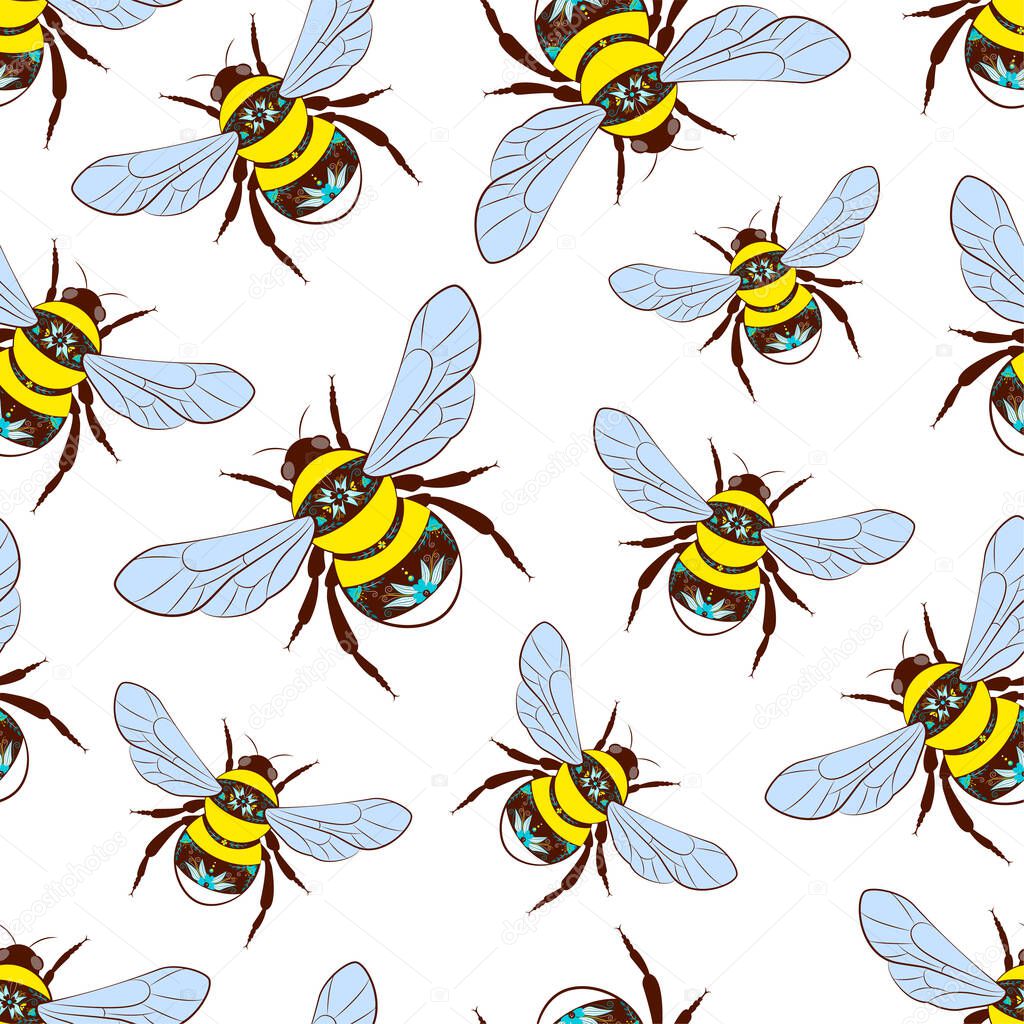 Seamless background with bees. vector background with bees on a white background
