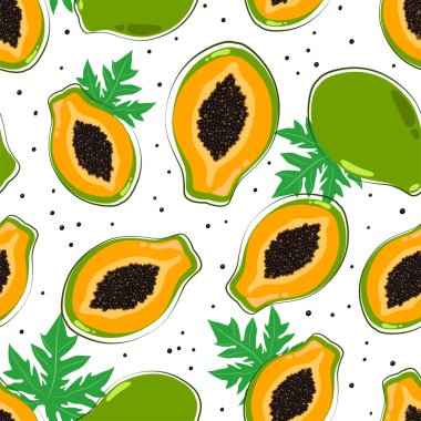 Papaya desenli ve beyaz arkaplanda yaprakları var. Vektör modeli. Papaya ile basit, pürüzsüz bir arkaplan