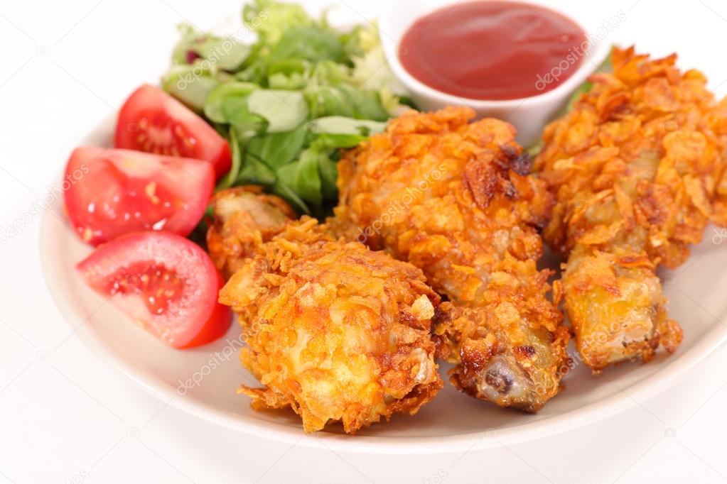 fried chicken with salad  