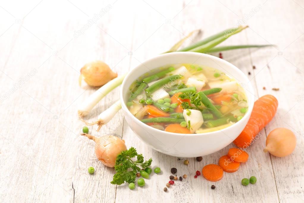 vegetable soup in white bowl