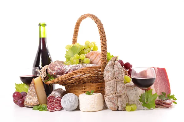 Cheese,wine and meat with basket — Stock Photo, Image