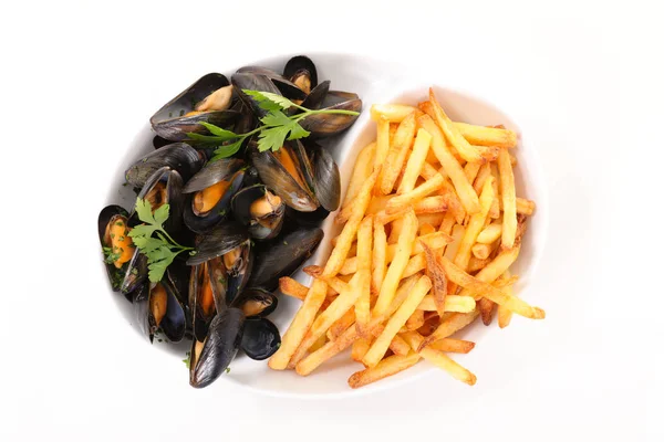 Mussels and french fries — Stock Photo, Image