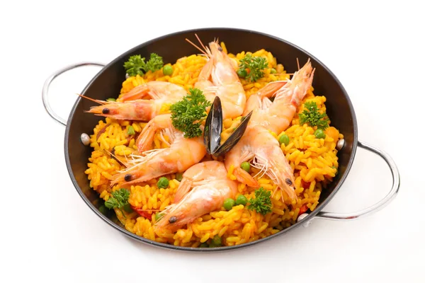 Frutos do mar paella com camarões — Fotografia de Stock