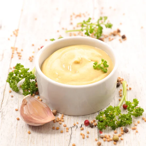 Mayonnaise in bowl on table — Stock Photo, Image