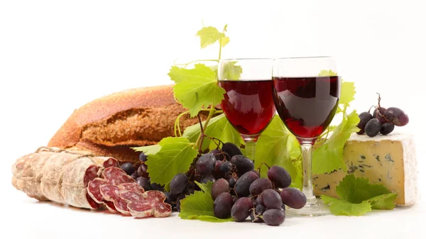 Wine with grapes and salami — Stock Photo, Image