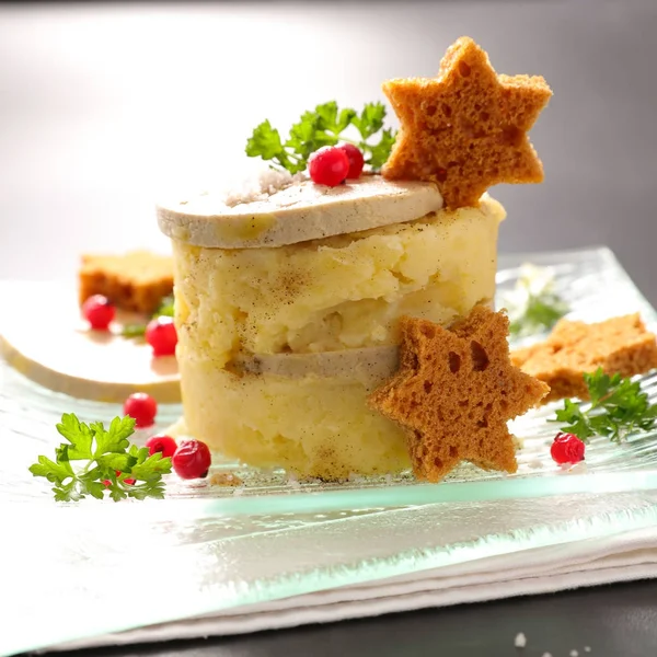 Mashed potato with foie gras — Stock Photo, Image