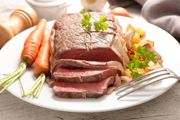 Roast beef and spices on wood background
