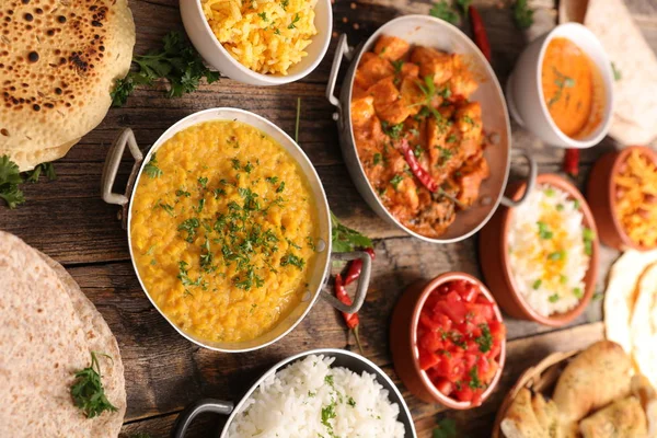 Assorted Indian Food Wooden Background — Stock Photo, Image