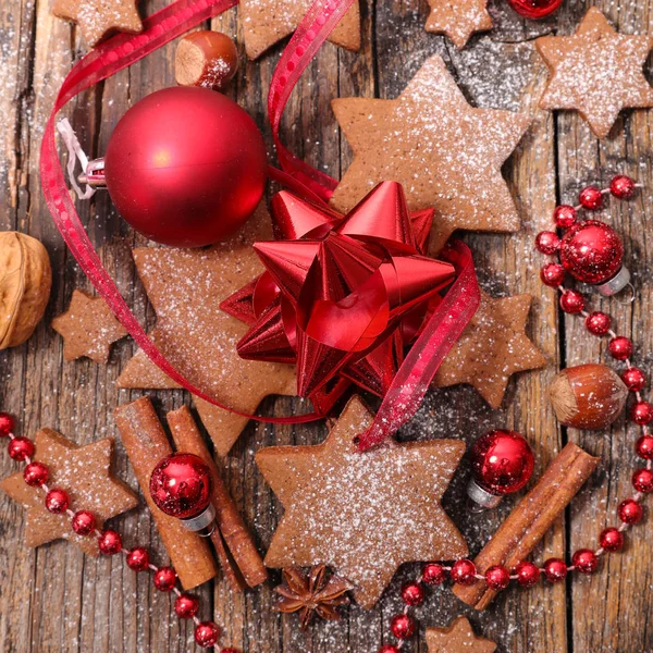 Primer Plano Galletas Navidad Con Decoración Navidad Mesa Madera — Foto de Stock