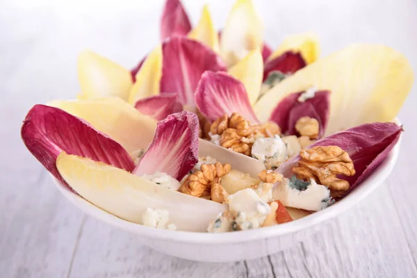 Closeup Plate Chicory Salad Blue Cheese Walnuts White Wooden Table — Stock Photo, Image