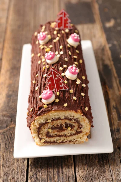 Traditionele Chocolade Yule Log Kerst Cake — Stockfoto