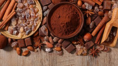 assorted cocoa, nuts and sugar on table