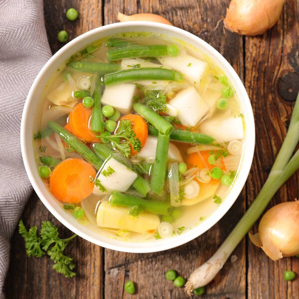 vegetable soup in white bowl