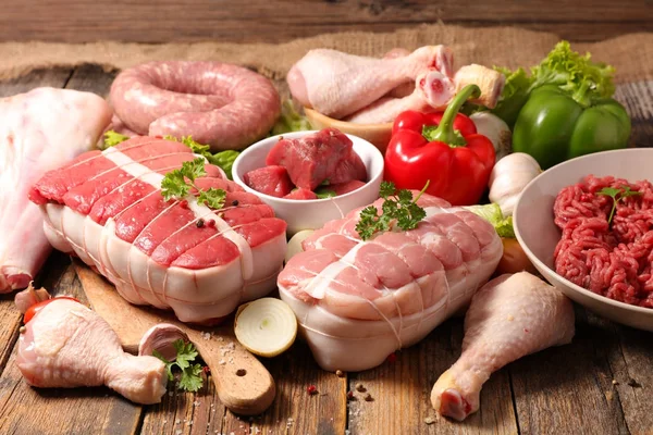 Assorted Raw Meats Wooden Table — Stock Photo, Image