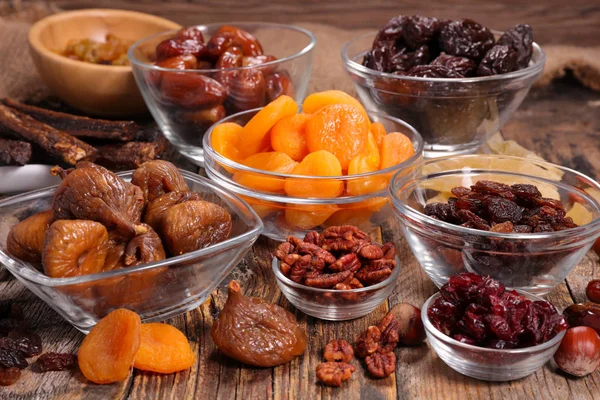 Assorted Nut Dry Fruits Wooden Table — Stock Photo, Image