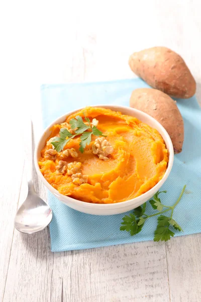 Sweet Potato Mashed Wooden Table — Stock Photo, Image