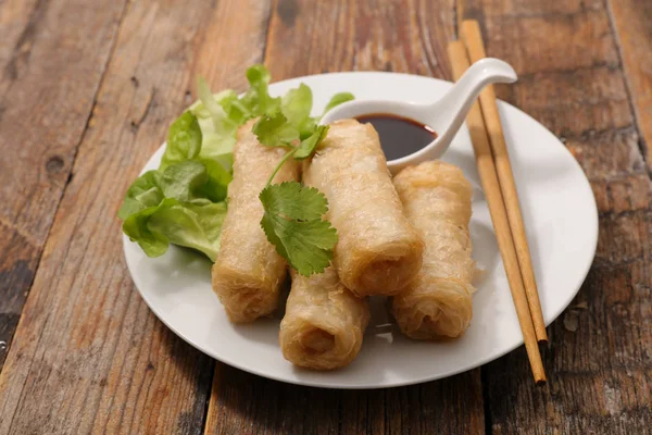 Fried Spring Roll Soy Sauce Wooden Table — Stock Photo, Image