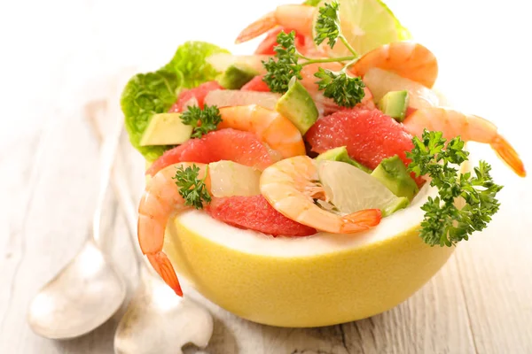 Grapefruit Salad Shrimps Avocado Wooden Table — Stock Photo, Image