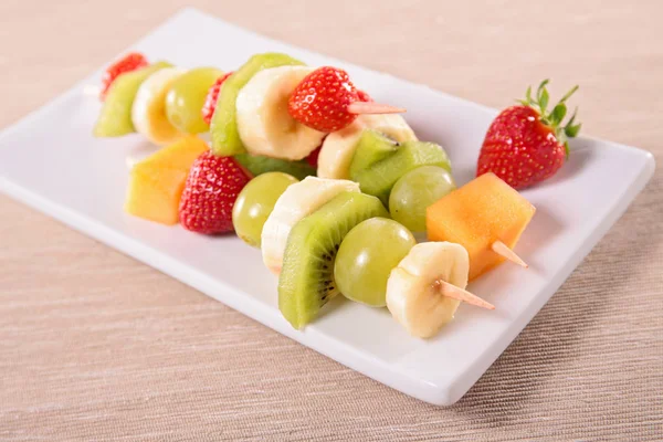 Close View Fresh Fruit Skewers Wooden Table — Stock Photo, Image