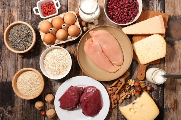 Nahaufnahme Der Auswahl Eiweißnahrung Auf Dem Holztisch — Stockfoto