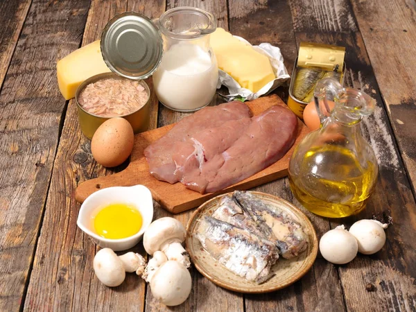 Detail Pohledu Výběru Potravin Které Jsou Vysoko Vitamínu Dřevěný Stůl — Stock fotografie