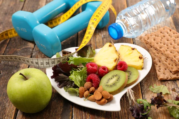 Bowl Breakfast Water Bottle Measuring Tape Dumbbells Healthy Food Concept — Stock Photo, Image