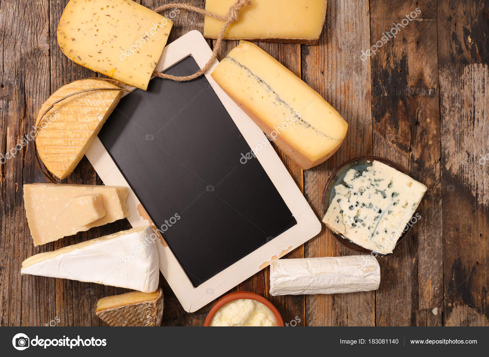 Collection Cheese Blackboard Wooden Table Stock Photo by ©studioM 183081140