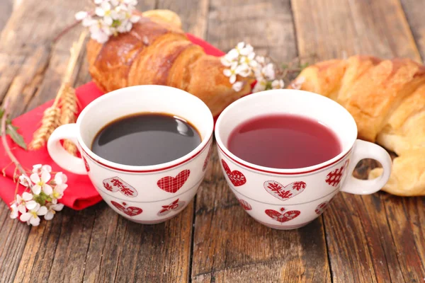 Cups Coffee Tea Croissant Wooden Table Valentine Day Concept — Stock Photo, Image