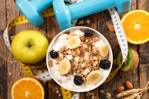 Oat Meal Fruits Dumbbells Centimeter Tape Wooden Table — Stock Photo, Image