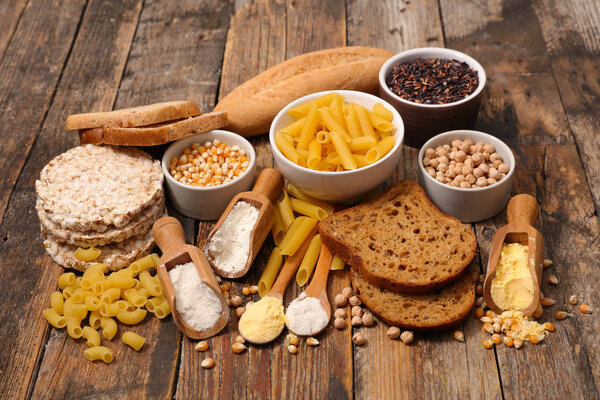 Selection of free gluten food on wooden table