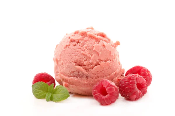 Raspberry Ice Cream Ball Fresh Berries Mint Leaves — Stock Photo, Image