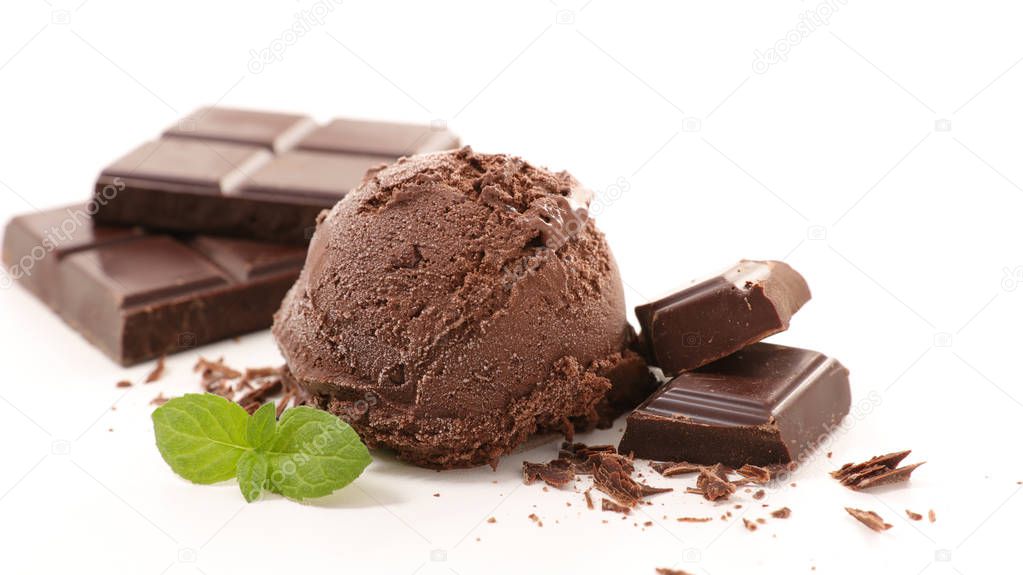 Ball of chocolate ice cream with chocolate bars on white background