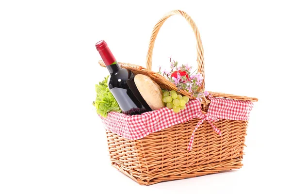 Summer Picnic Wine Fresh Food Basket Isolated White Background — Stock Photo, Image