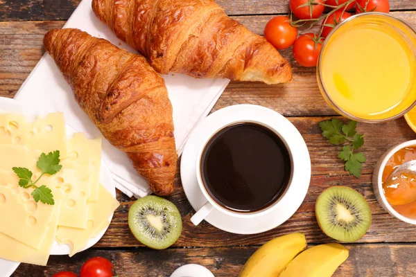 Breakfast Soft Boiled Egg Croissants Coffee Fresh Fruits Wooden Table — Stock Photo, Image