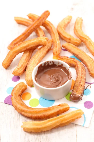 Churros Con Salsa Chocolate Servilleta Colores — Foto de Stock