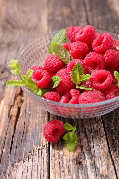 Fresh Raspberries Glass Bowl Wooden Table Close — Stock Photo, Image