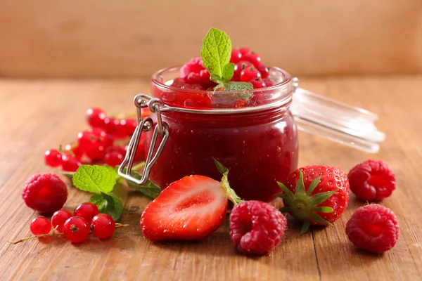 Delicious Berry Jam Glass Jar Wooden Table — Stock Photo, Image