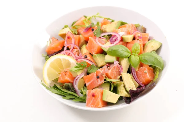 Delicious Salmon Avocado Salad White Plate White Background — Stock Photo, Image
