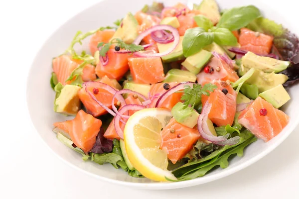 Delicious Salmon Avocado Salad White Plate White Background — Stock Photo, Image