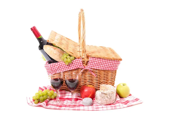 Kosz Piknikowy Wino Chleb Białym Tle — Zdjęcie stockowe
