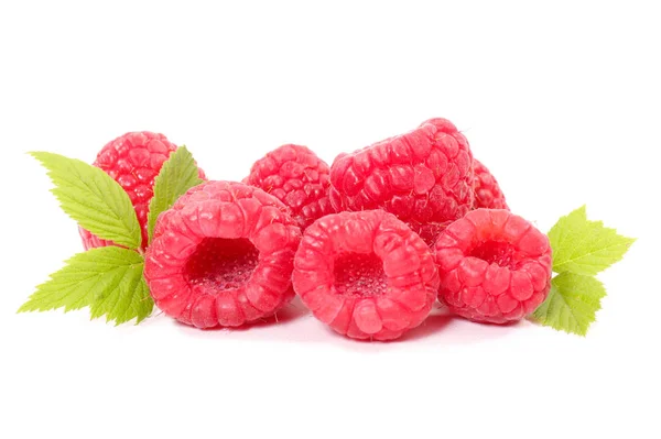 Fresh Ripe Raspberries Leaves Isolated White Background — Stock Photo, Image